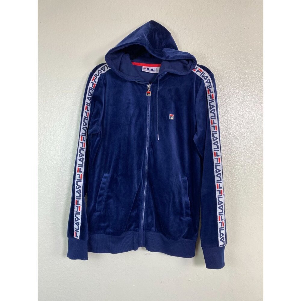 Fila Blue Velour Y2K Full Zip Hoodie Women sz Medium Logo On Sleeves Streetwear